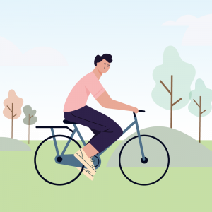 Eine Grafik von einem Mann, der mit einem Fahrrad über eine grüne Fläche fährt.
