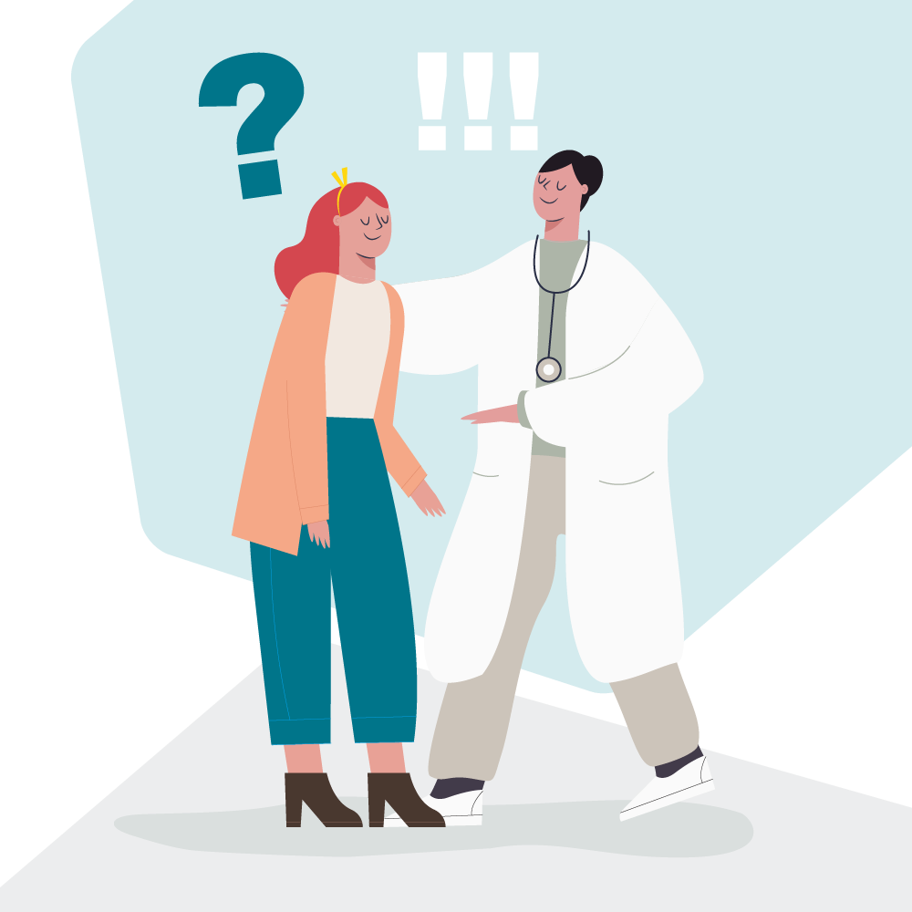 Transplant-Wissen > Nach der Transplantation > Leben nach Transplantation, Lebenserwartung nach Organtransplantation, Folgen Transplantation, Immunsuppressiva Nebenwirkungen > Frau fragend und Arzt antwortend