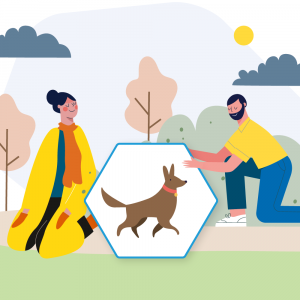 Eine Grafik von einem Mann und einer Frau, die neben einem Hund knien.