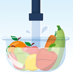 Eine Grafik von einer Schale mit Obst und Gemüse in die Wasser aus einem Wasserhahn läuft.