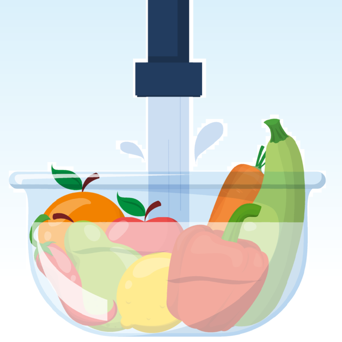 Grafik - Wasser läuft in eine Schale mit Obst und Gemüse