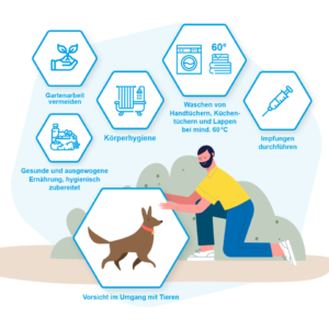 Eine Grafik von einem Mann, der einen Hund streichelt. Um ihn herum sind Kacheln, von Tipps nach Organtransplantation.