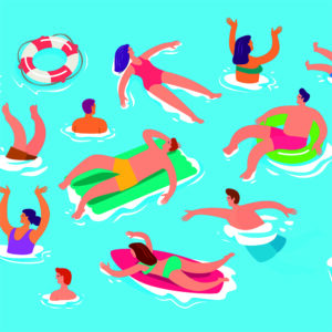 Eine Grafik von verschiedenen Personen, die im Wasser plantschen und schwimmen.