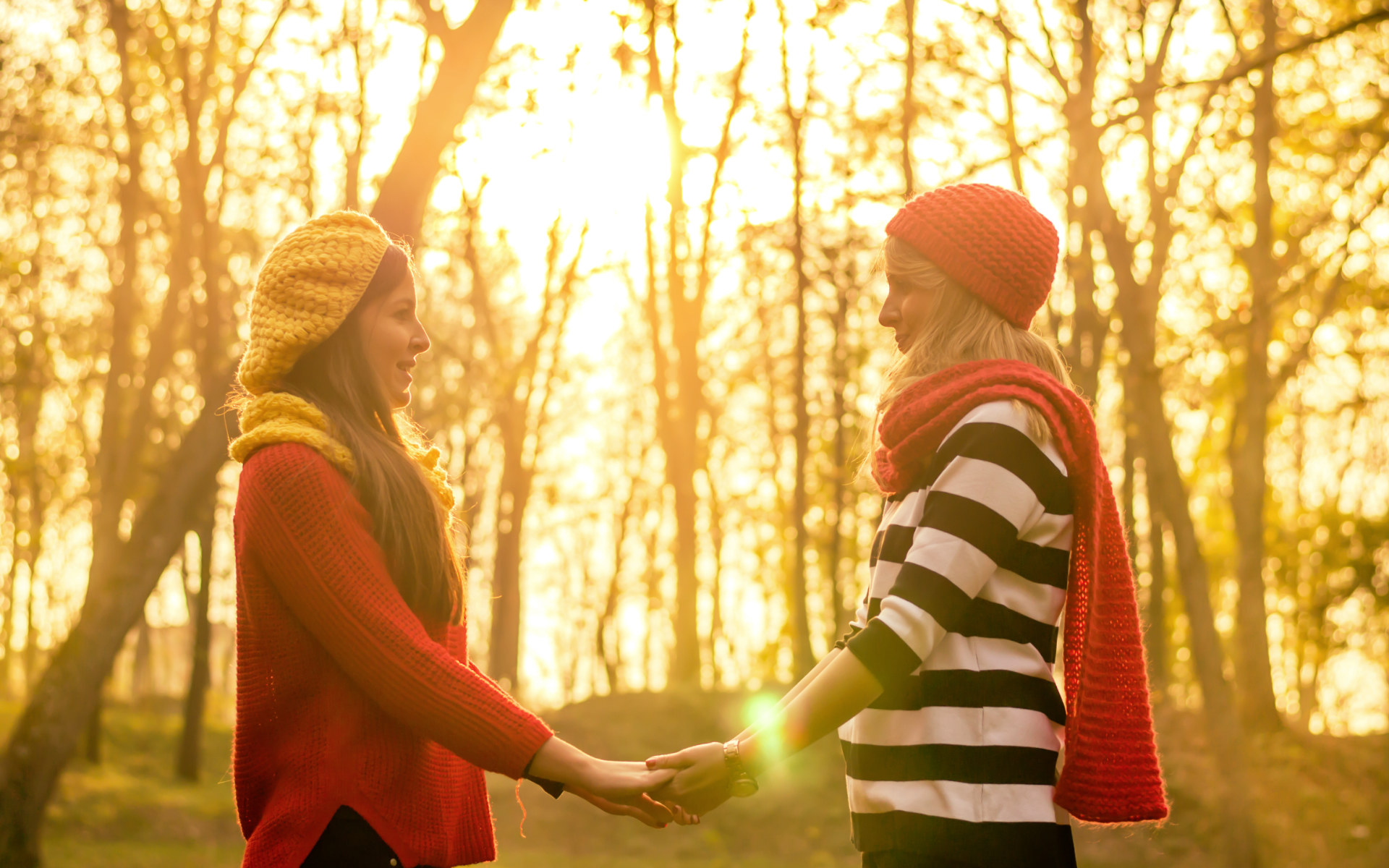 Zwei Schwestern, die sich für eine Nieren-Lebendspende entschieden haben, stehen in der Abendsonne im Wald und halten sich an den Händen.