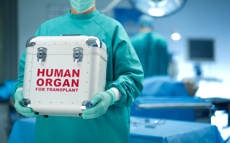 Die Aufnahme zeigt medizinisches Personal, das eine Transportbox für eine Organspende auf einen Tisch stellt. Im Hintergrund ist verschwommen ein Operationssaal mit zwei Personen zu sehen.