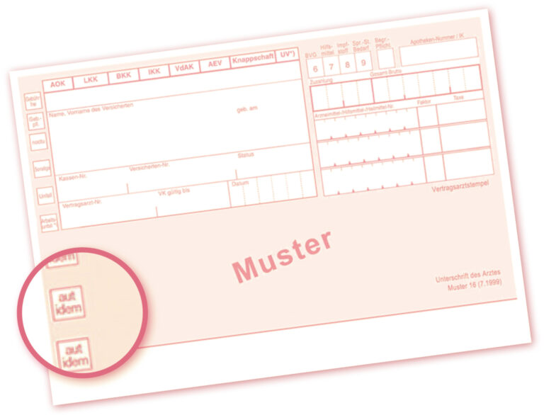 Bild eines Musterrezepts für ein Medikament, auf dem das aut-idem-Kästchen mit einem Kreis hervorgehoben ist.