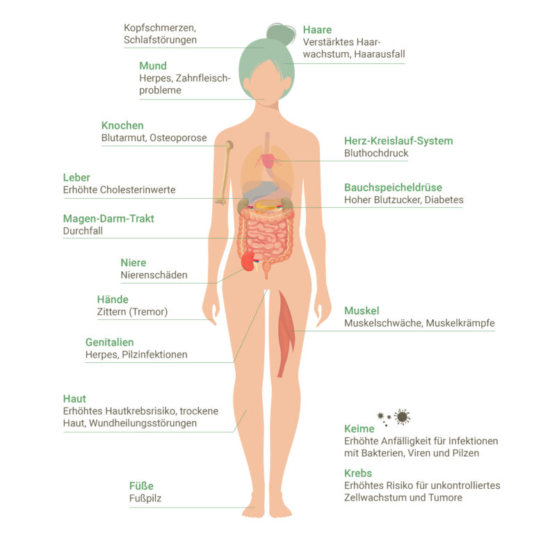 Infografik eines Körpers, an dem mögliche Nebenwirkungen von Immunsuppressiva an den entsprechenden Organen und Körperregionen gezeigt werden.