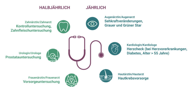 Infografik, die darstellt, welche Vorsorgeuntersuchungen Nierentransplantierte halbjährlich und jährlich durchführen lassen sollten