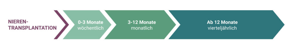 Infografik, die darstellt, dass die Kontrolltermine in der ersten Zeit nach der Transplantation häufiger stattfinden und mit zunehmendem zeitlichem Abstand zur Transplantation seltener werden