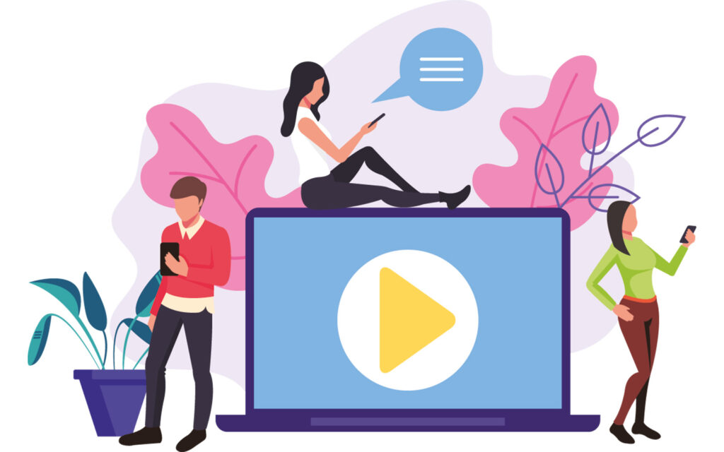 Illustration mehrerer Menschen, die um einem Laptop stehen bzw. daraufsitzen und auf Handys schauen.