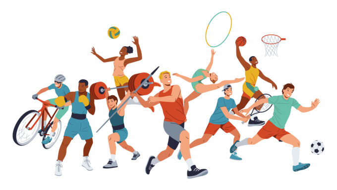 European Transplant games 2026 Illustration verschiedener Sportlerinnen und Sportler in Aktion – darunter Radfahren, Boxen, Gewichtheben, Speerwerfen, Volleyball, Turnen, Basketball, Tennis und Fußball
