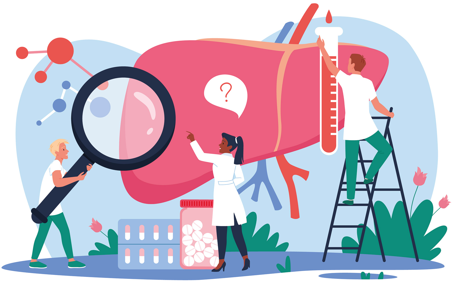 Illustration von drei Personen, die eine überdimensionale Leber untersuchen – mit Lupe, Reagenzglas und Medikamenten.
