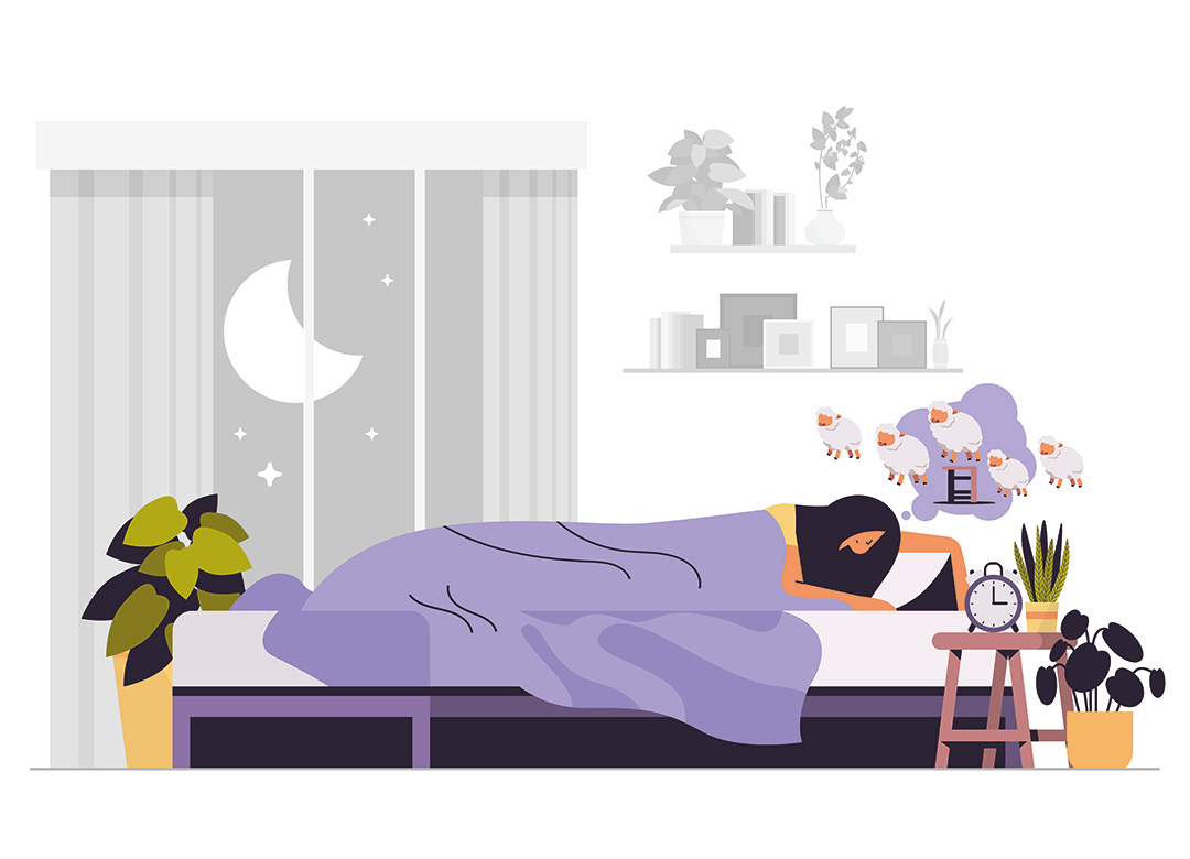 Illustration einer Person, die nachts im Bett liegt.