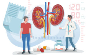 Illustration eines Arztes und eines Patienten vor einer überdimensionalen Darstellung beider Nieren, umgeben von Medikamenten und Blutdruckwerten.