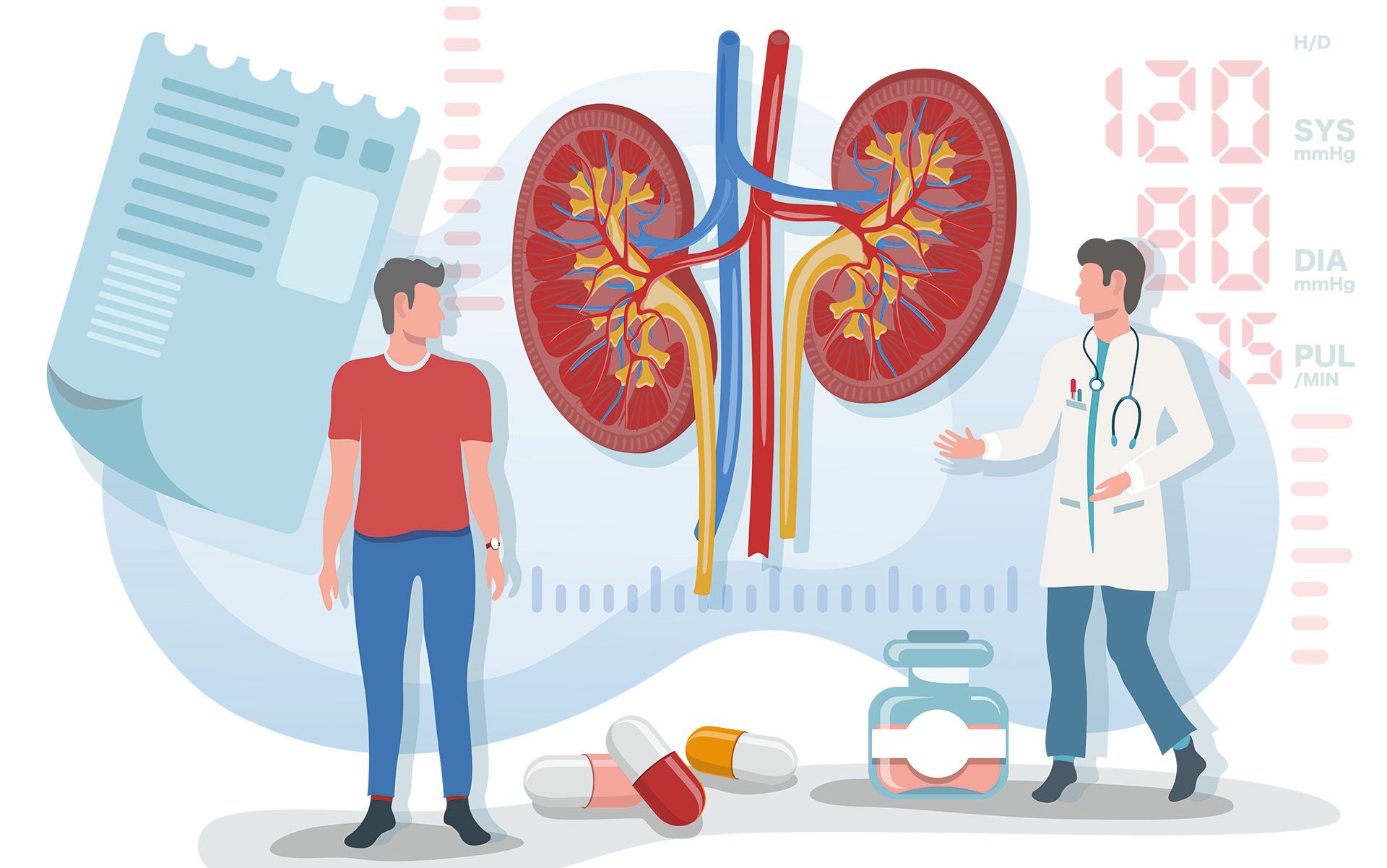 Illustration eines Arztes und eines Patienten vor einer überdimensionalen Darstellung beider Nieren, umgeben von Medikamenten und Blutdruckwerten.