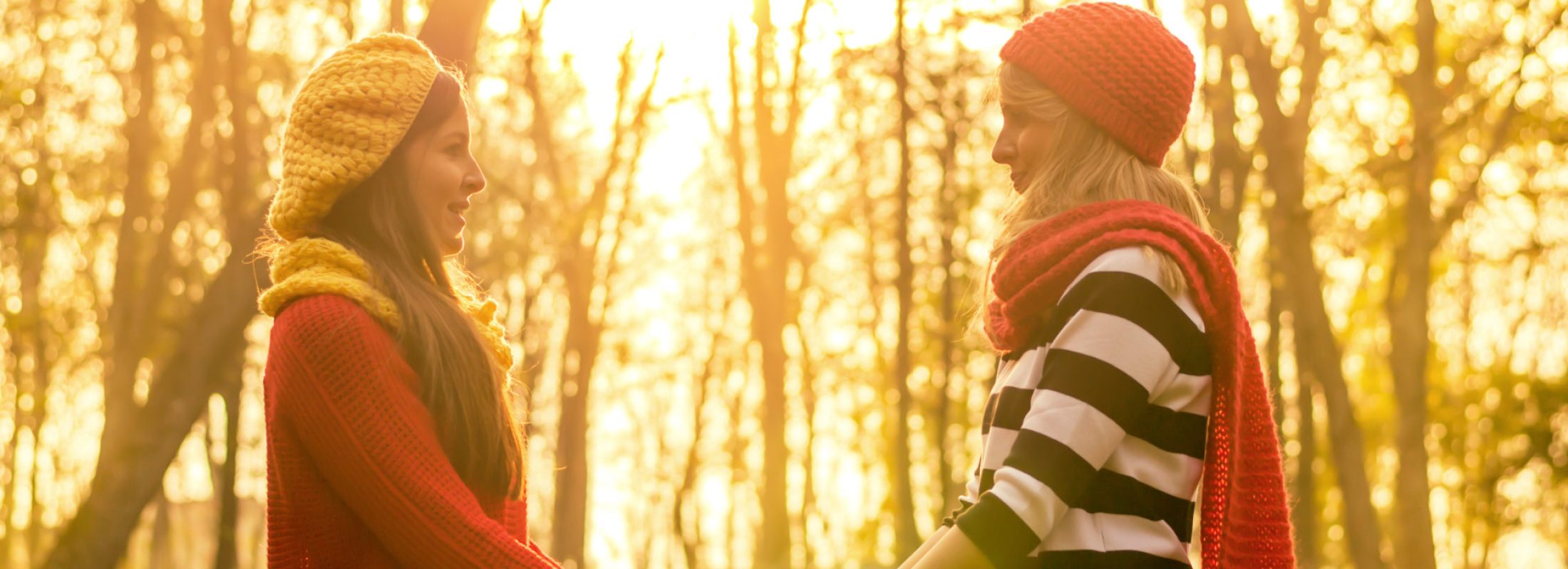 Zwei Schwestern, die sich für eine Nieren-Lebendspende entschieden haben, stehen in der Abendsonne im Wald und halten sich an den Händen.
